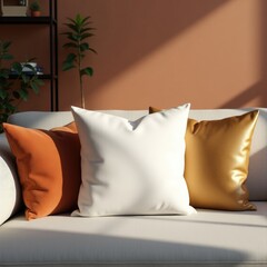 Pillow mockup arrangement of three decorative cushions on a white sofa against a warm colored interior wall