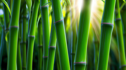 Obraz premium Close-up of fresh green bamboo stalks with sunlight shining through background. 