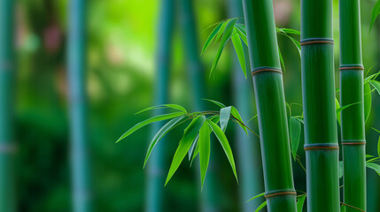 Close-up of fresh green bamboo stalks with leaves in natural background. 
