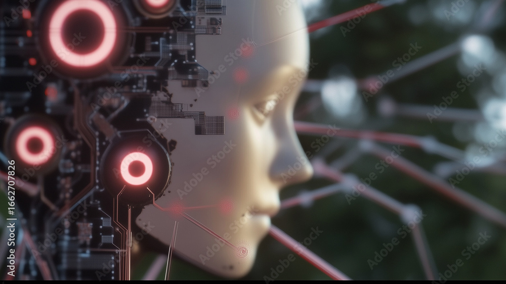 Poster close-up profile of a futuristic female humanoid robot with exposed glowing circuitry, symbolizing t