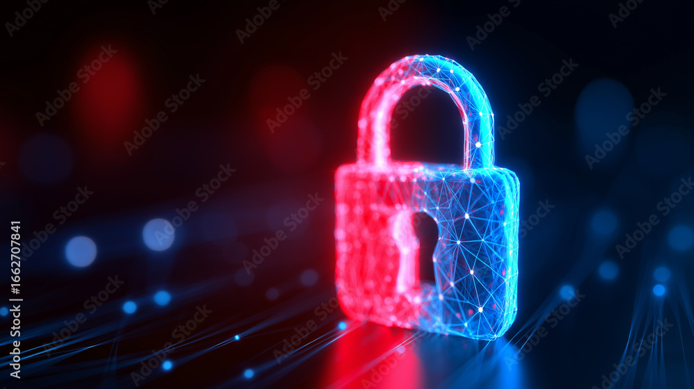 Poster glowing digital padlock hologram symbolizing cybersecurity and data protection.