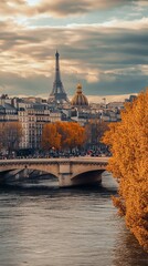 Parisian autumn scene with Eiffel Tower, bridge, and golden foliage over river