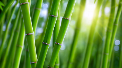 Fototapeta premium Close-up of fresh green bamboo stalks with sunlight shining through background. 