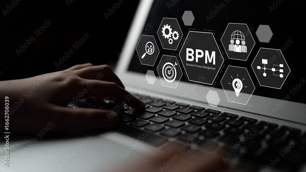 Poster business process management concept showing workflow analysis, process optimization, team collaborat