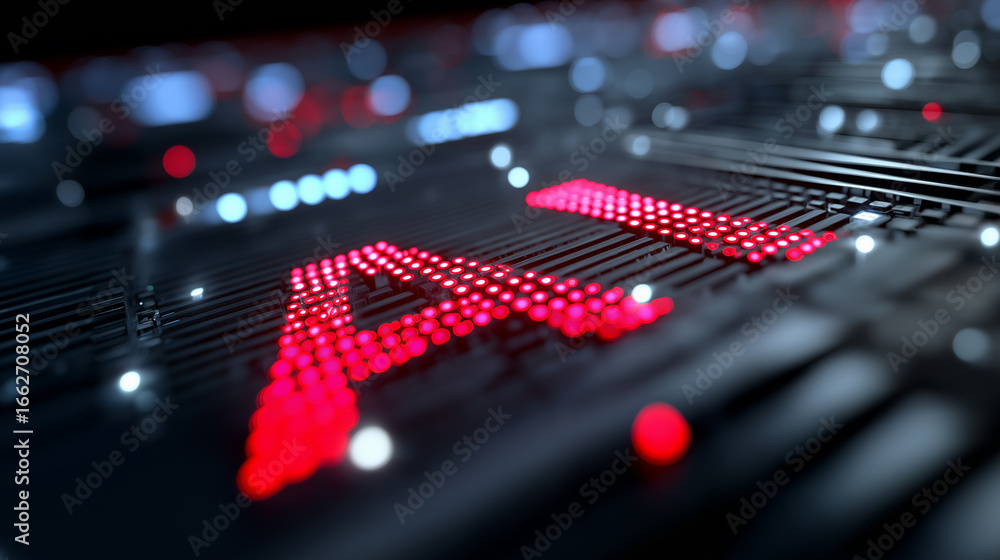 Poster close-up of red glowing ai letters on digital circuit board.