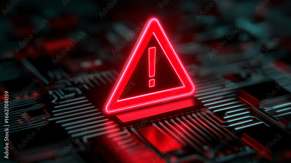 Poster glowing red warning alert triangle on dark digital circuit board.