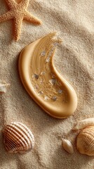 Obraz na płótnie Canvas Creamy tan lotion on sand, sea shells, starfish