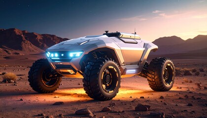 Futuristic Rover on Marslike Terrain with Sunset Landscape.