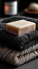 Beige soap on dark towels, warm glow