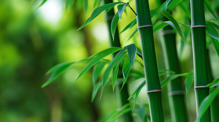 Close-up of fresh green bamboo stalks with leaves in natural background. 
