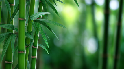 Close-up of fresh green bamboo stalks with leaves in natural background. 
