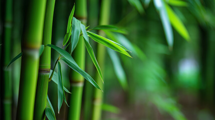 Obraz premium Close-up of fresh green bamboo stalks with leaves in natural background. 
