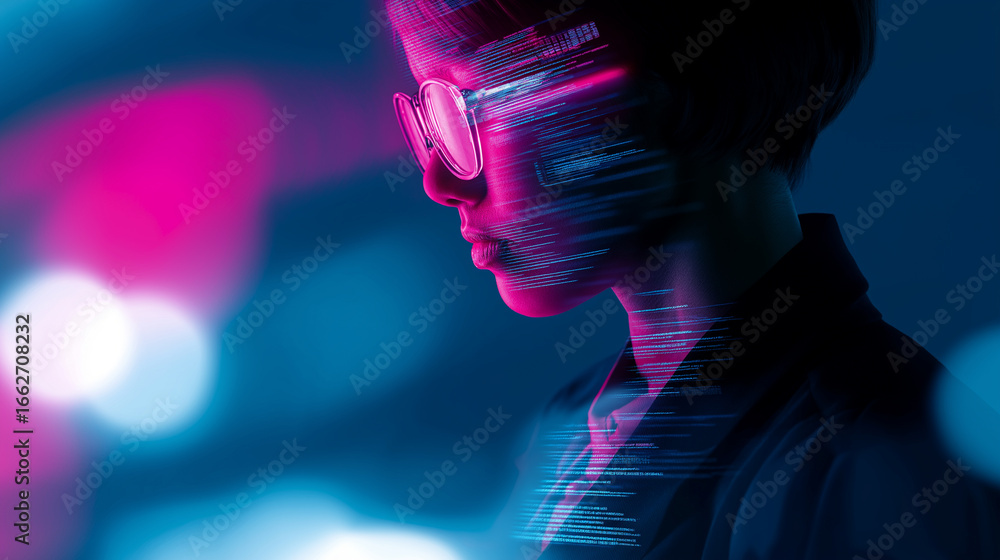 Aufkleber woman in glasses with digital code reflections on face symbolizing programming and cybersecurity.