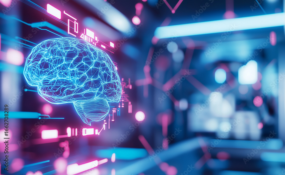 Poster digital hologram of human brain with futuristic data interface in modern laboratory.