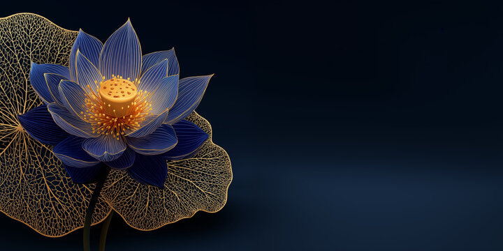 Elegant blue lotus flower illustration on a dark blue background, detailed floral design in Asian traditional style. Perfect for background, invitations, posters, wall art