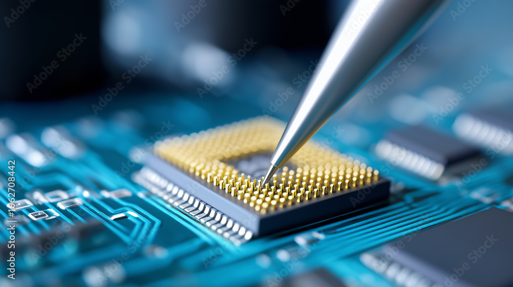 Poster close-up of microchip on circuit board being installed with precision tool.