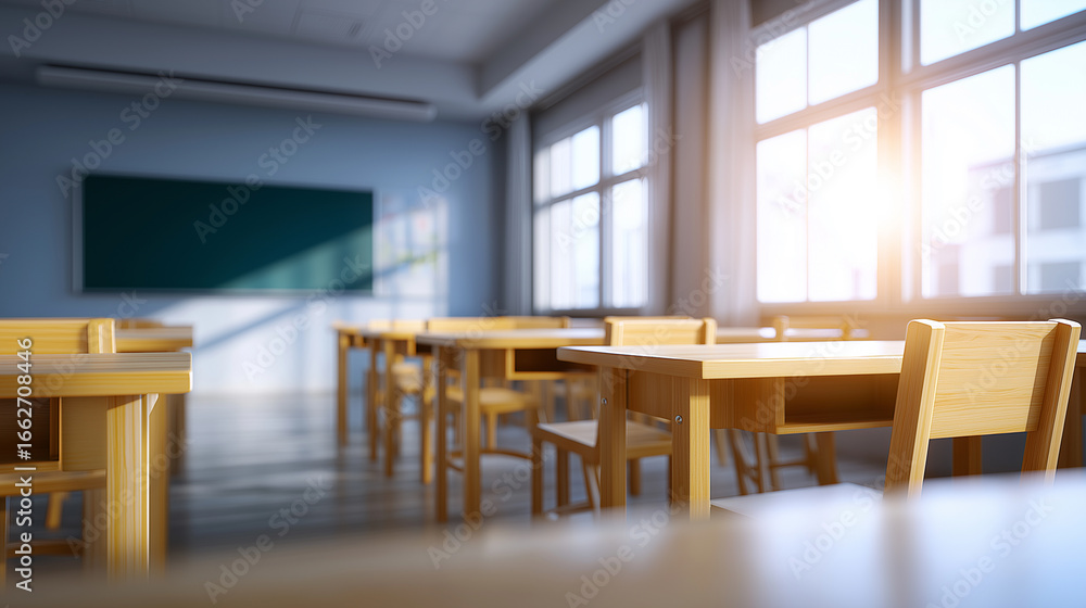 Poster empty classroom with wooden desks and sunlight shining through large windows.