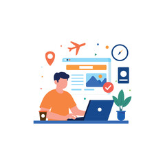 Man Planning Travel Online on Laptop