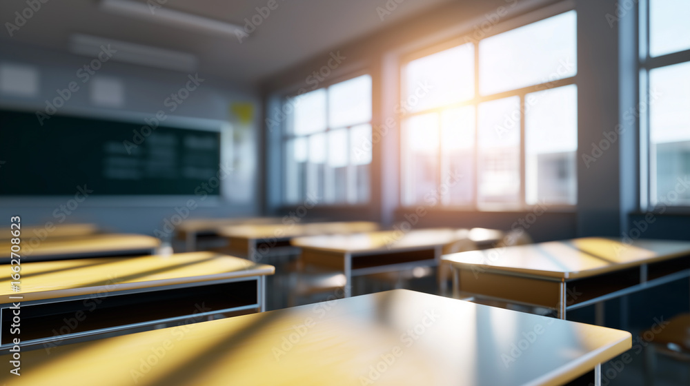 Poster empty classroom with sunlight shining through large windows onto desks.