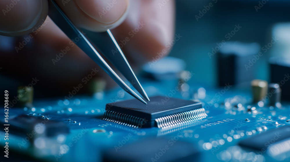 Poster close-up of technician using tweezers to place microchip on electronic circuit board.