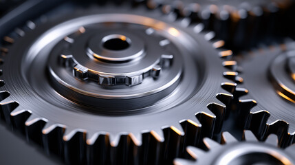 Close-up of shiny metallic gears interlocking in mechanical system. 
