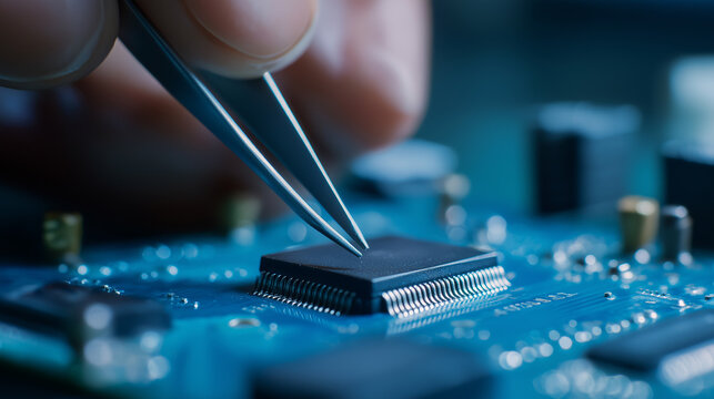Close-up of technician using tweezers to place microchip on electronic circuit board. 
