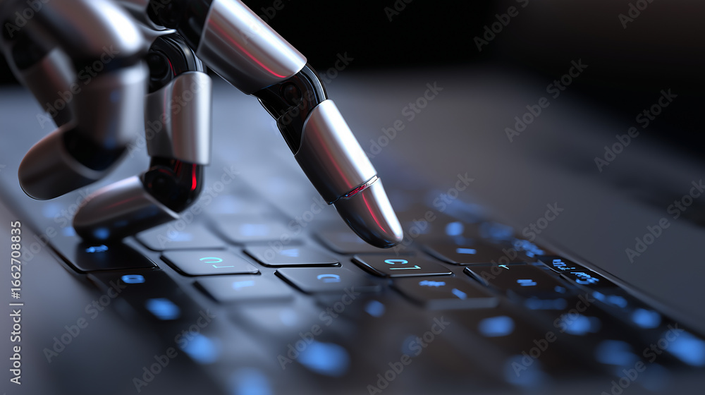 Poster close-up of robotic finger pressing key on illuminated computer keyboard.