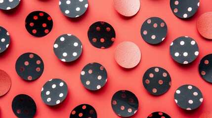 Red background, scattered black and rose gold confetti circles with polka dots