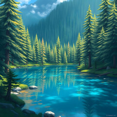 A crystal clear lake surrounded by towering pine trees