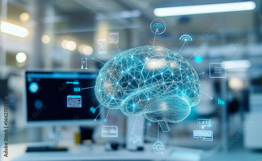 Aufkleber 3d digital brain hologram inside futuristic data center symbolizing artificial intelligence.