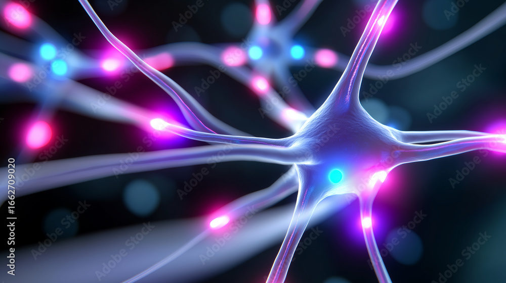 Poster 3d illustration of glowing neural cell network with synapses and connections.