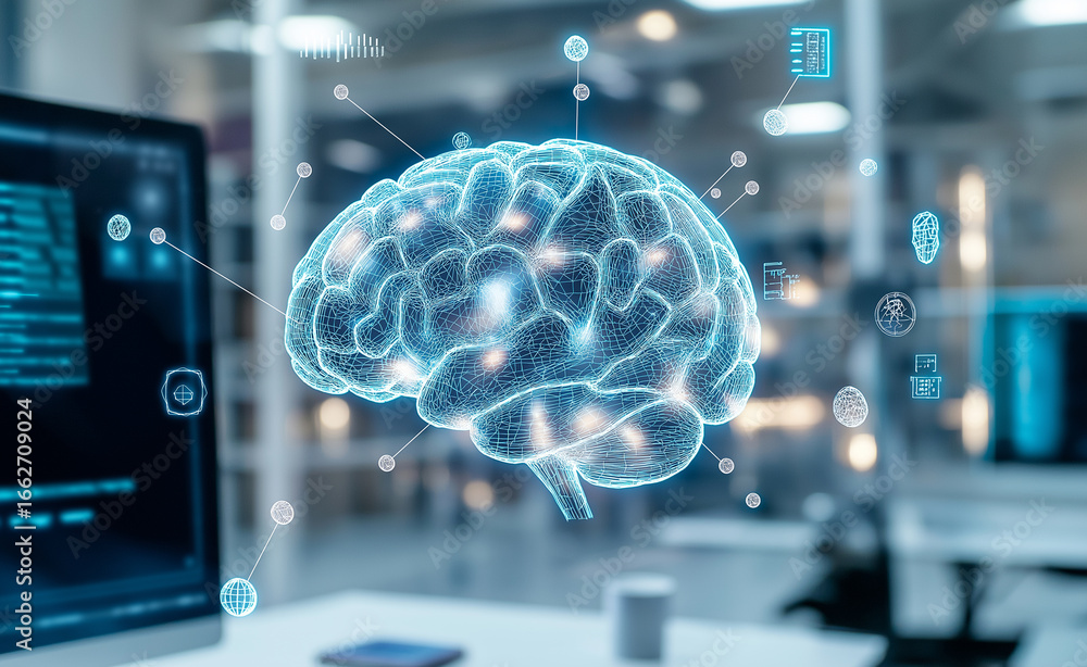 Poster 3d digital brain hologram inside futuristic data center symbolizing artificial intelligence.