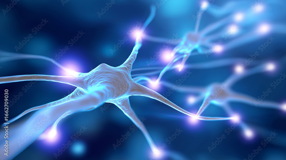 Poster 3d illustration of glowing neural cell network with synapses and connections.