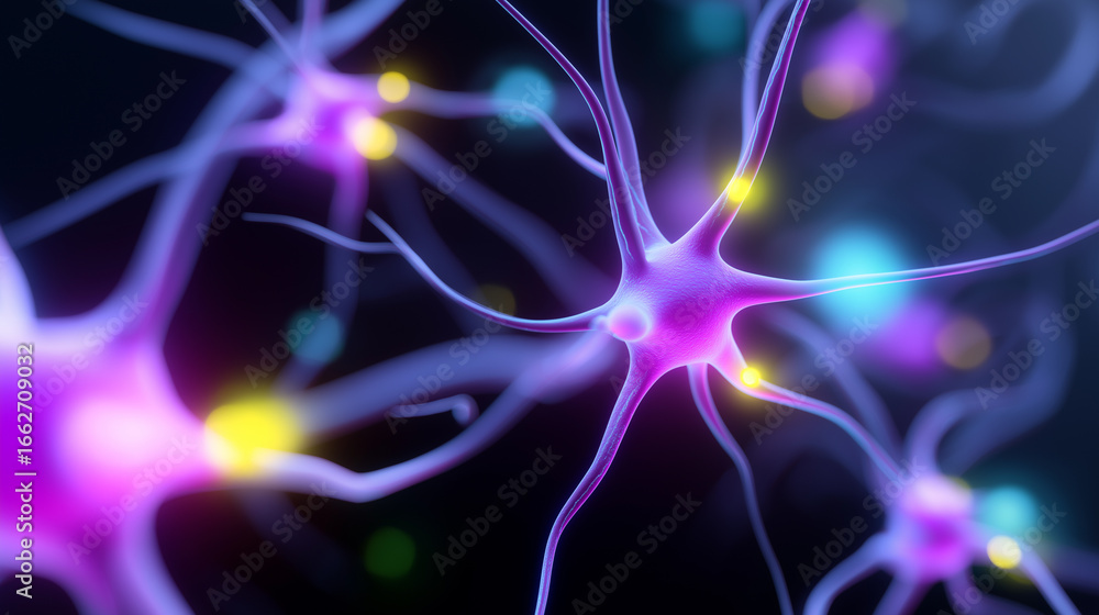 Poster 3d illustration of glowing neural cell network with synapses and connections.