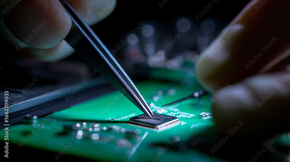 Poster close-up of technician using tweezers to place microchip on green circuit board.