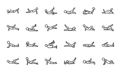 Fitness and Workout Line Icons Set Exercise, Gym Training, Weightlifting, Yoga, Martial Arts, Boxing, Running, Swimming, Sports and Healthy Lifestyle Vector Illustrations
