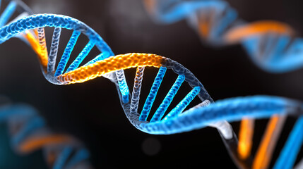 3D illustration of glowing DNA double helix structure with purple highlights. 

