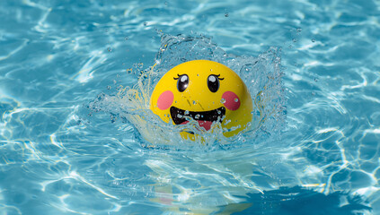 Yellow emoji toy splashing in a swimming pool on a sunny day.