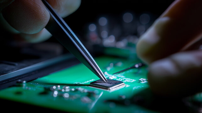 Close-up of technician using tweezers to place microchip on green circuit board. 
 - Powered by Adobe