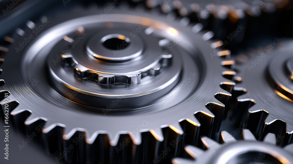 Poster close-up of shiny metallic gears interlocking in mechanical system.