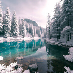 A crystal clear lake surrounded by towering pine trees