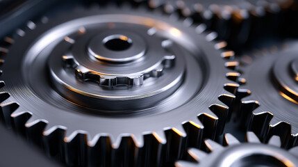 Close-up of shiny metallic gears interlocking in mechanical system. 
