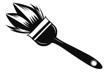Black Paint Brush Icon with Long Handle and White Bristles Isolated on White