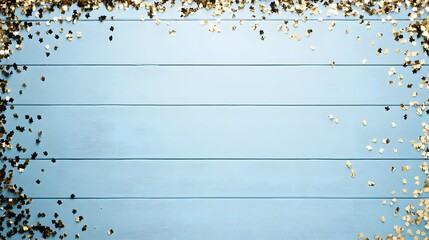Blue Wood Background with Gold Confetti Border