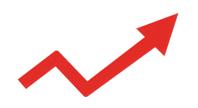 Red arrow pointing upwards indicating growth isolated on transparent background