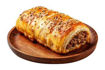 Australia Sausage roll puff pastry filled with minced meat on wooden plate isolated on white transparent background, concept of baked snack or meal