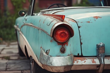 Rustic, vintage convertible car's faded teal tail