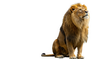 Majestic lion isolated on transparent background sitting and looking up with a golden mane