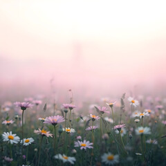 A flower field with a windmill in the distance