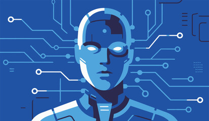 A striking representation of a humanoid robot with a serene expression, illuminated in blue tones. Surrounding the figure are intricate digital circuits, symbolizing advanced technology and artificial